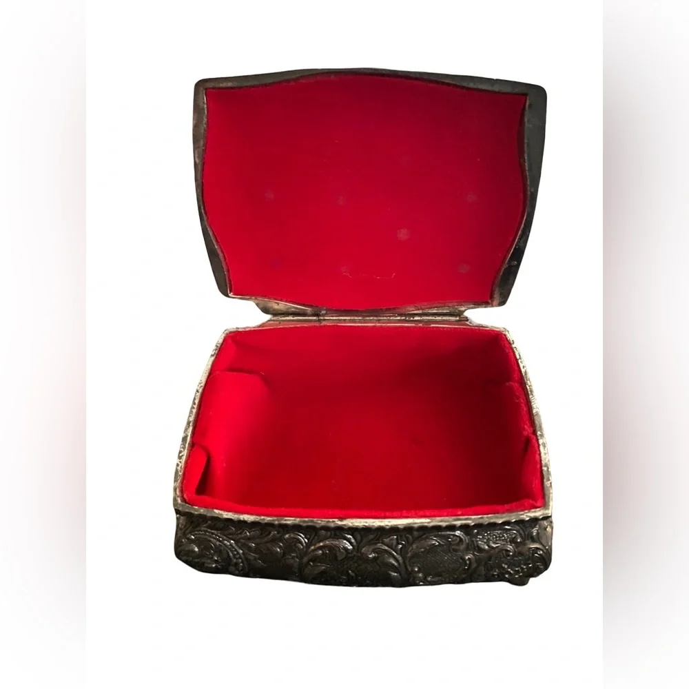 Vintage Pedestal Trinket Box Silver Red Metal Ring Hinged Jewelry Vanity Display